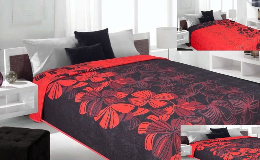 Modna czarna narzuta dwustronna na łóżko z czerwonymi kwiatami