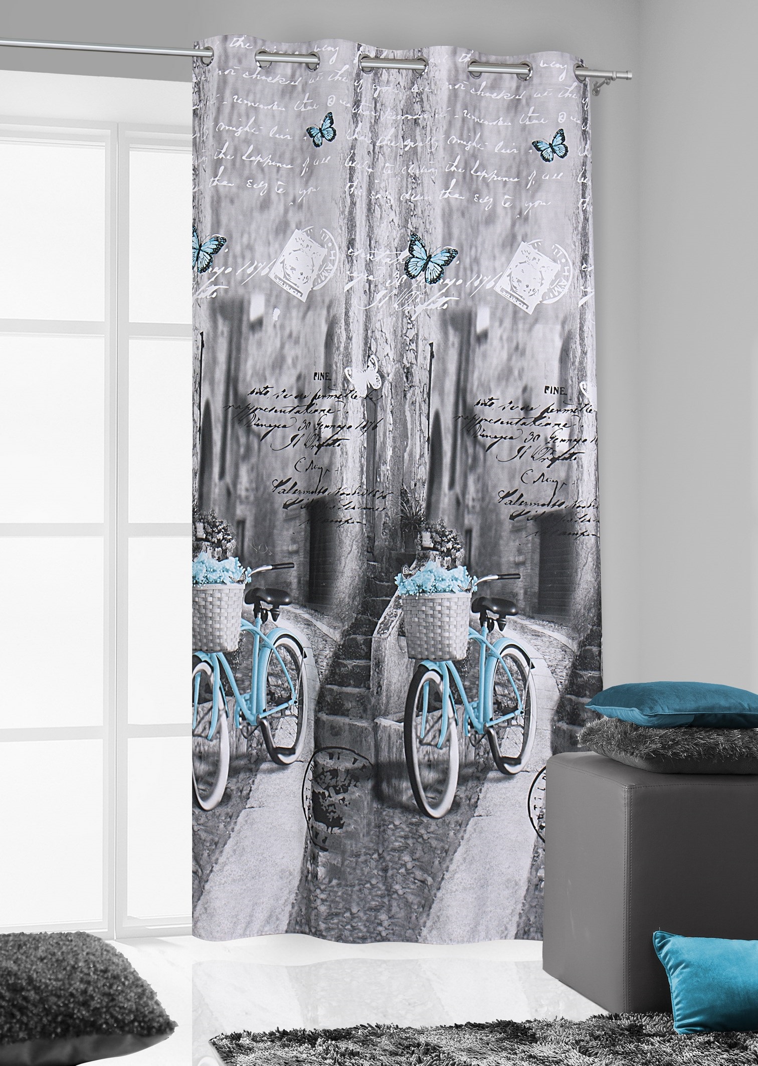Dekoracyjne gotowe szare zasłony z turkusowym rowerem