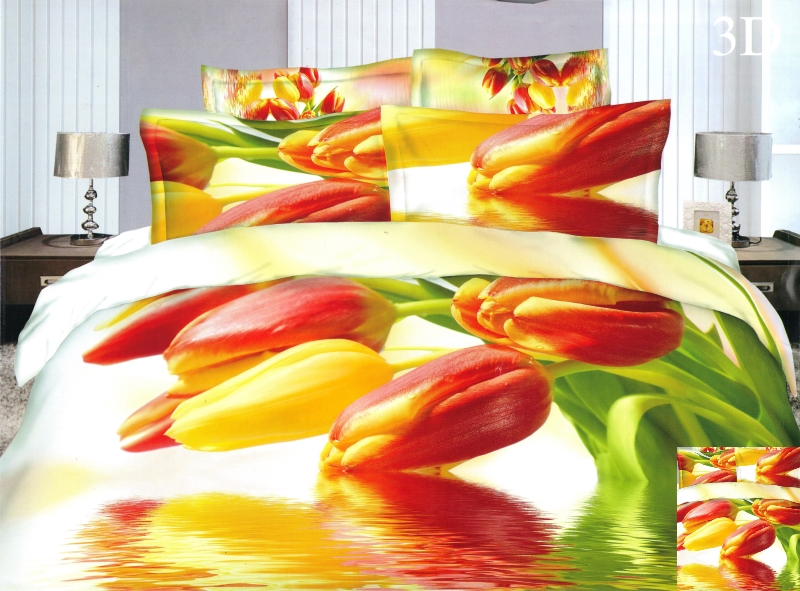 Żółto czerwone tulipany pościel sypialniana koloru białego