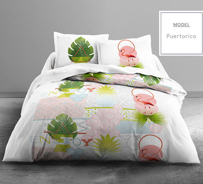 Stylowa biała bawełniana pościel na łóżko z zielonymi liśćmi i flamingami