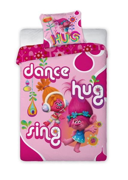 Dekoracyjna różowa pościel dziecięca z tańczącymi trollami