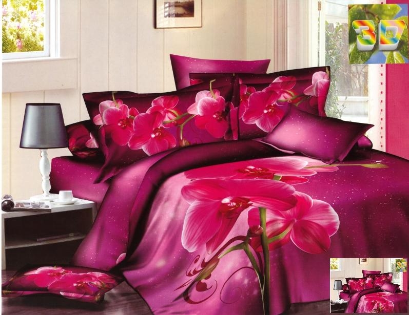 Amarantowa pościel z bawełniany z różową orchideą