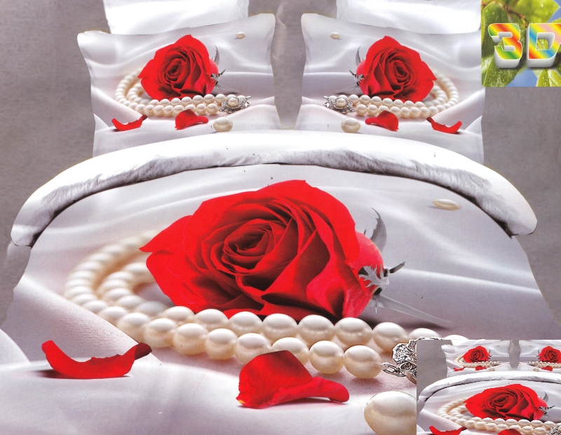 Modne pościele z bawełny w kolorze perłowym z czerwoną różą