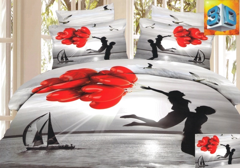 Pościel na łóżko w kolorze szarym z zakochaną parą i czerwonymi balonami