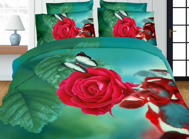 Pościel na łóżko w turkusowym kolorze z różą i motylem