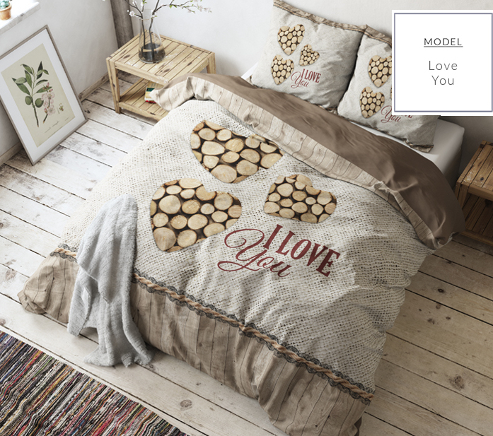 Beżowa bawełniana pościel małżeńska na łóżko z trzema serduszkami 160 x 200 cm