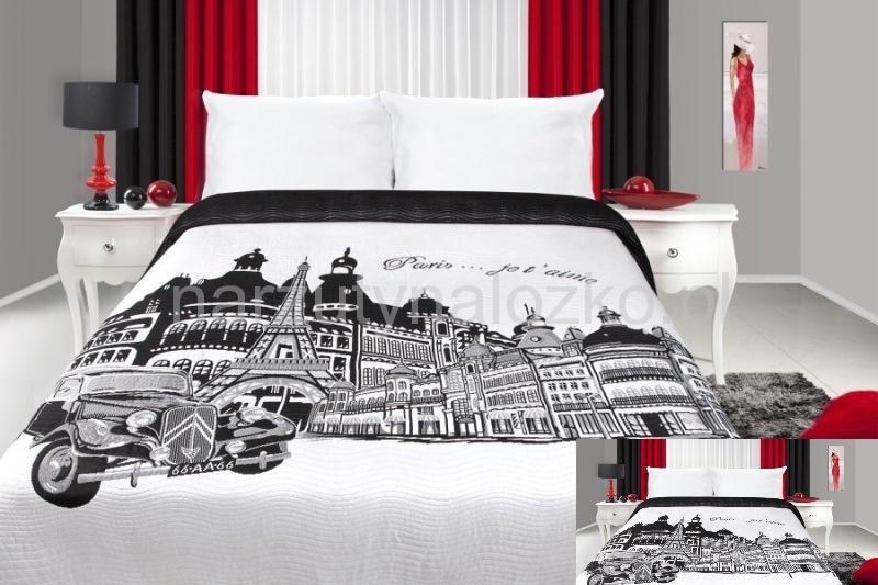 Biała dwustronna narzuta na łóżko z czarnym obrazkiem Paris