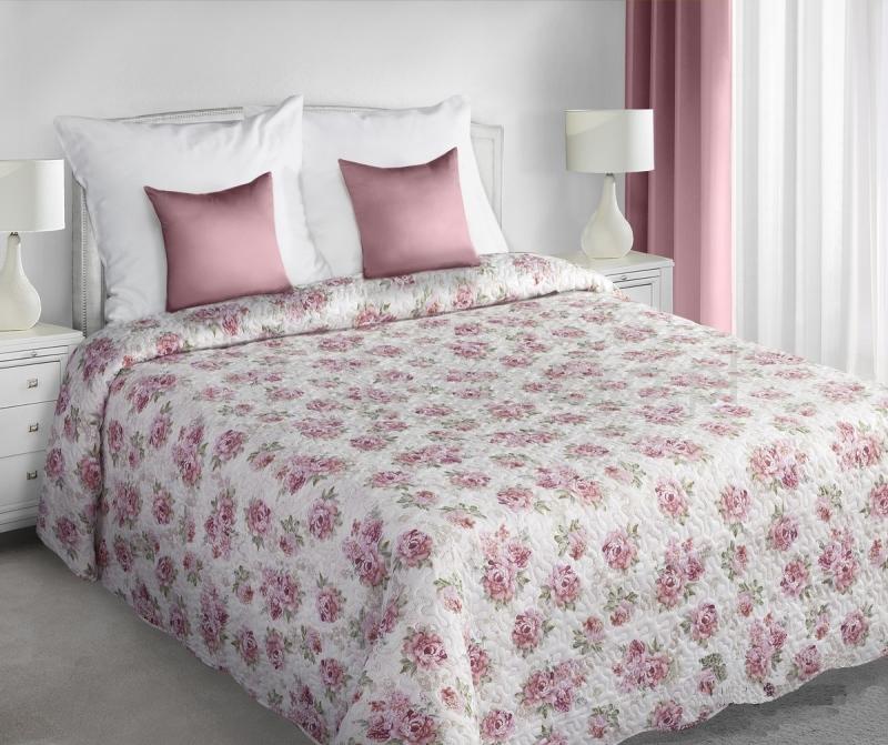 Narzuty dwustronna na łóżko w kolorze kremowym w różowe róże