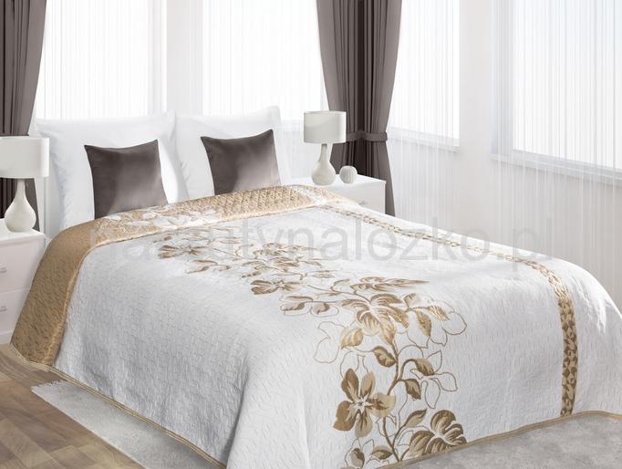 Dwustronne białe narzuty na łóżko z beżowym ornamentem kwiatowym