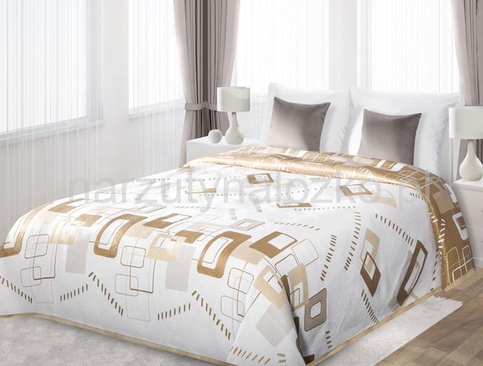Beżowe prostokąty narzuta dwustronna na łóżko w kolorze białym