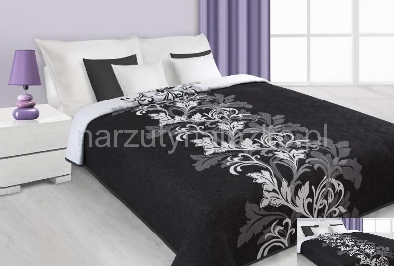 Narzuty dwustronne w kolorze czarnym na łóżko z białym wzorem