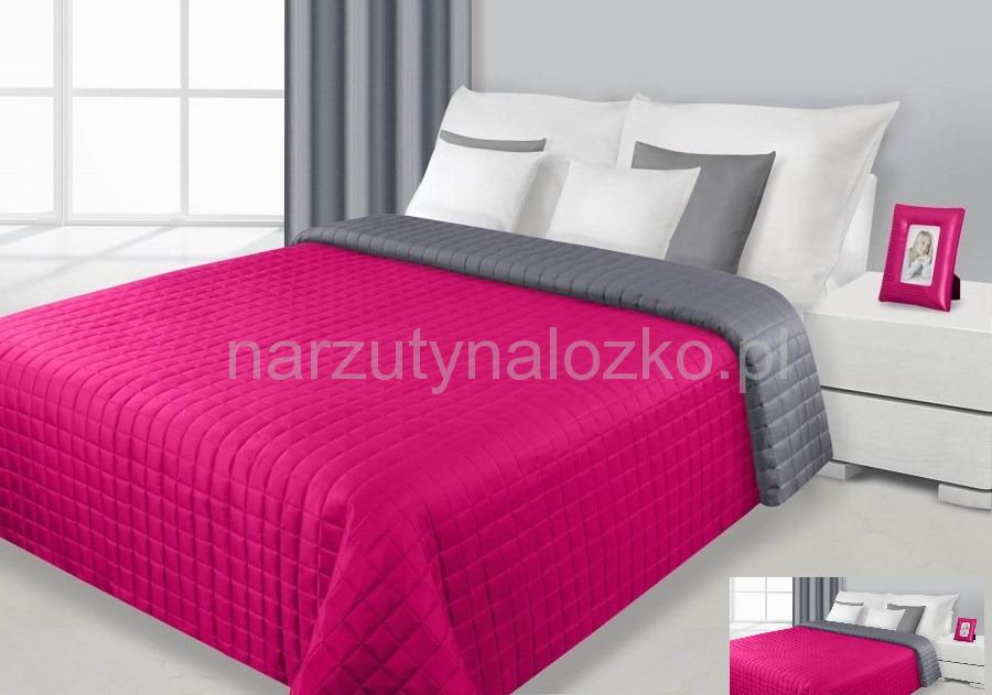 Amarantowo szare modne narzuty dwustronne na łóżka