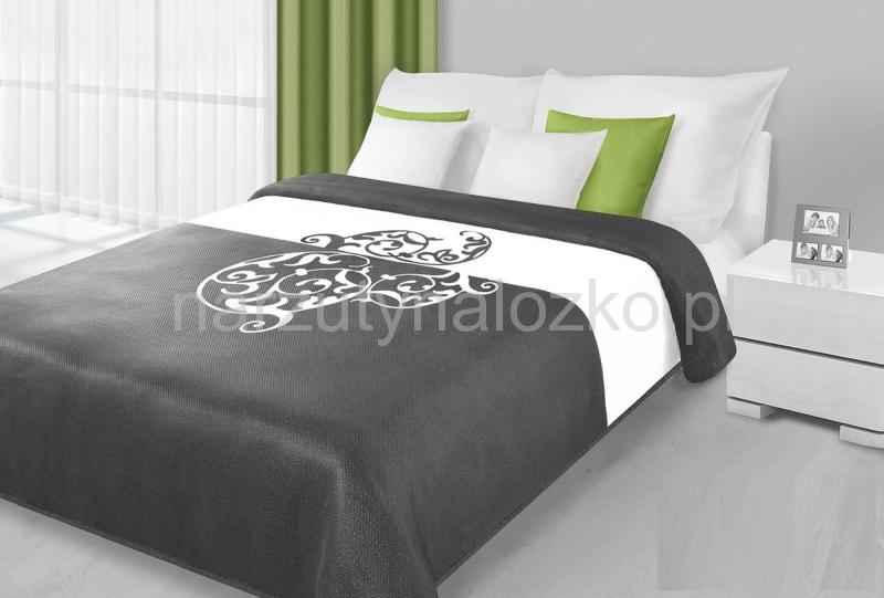 Dwustronna szara narzuta na łóżko z białym ornamentem