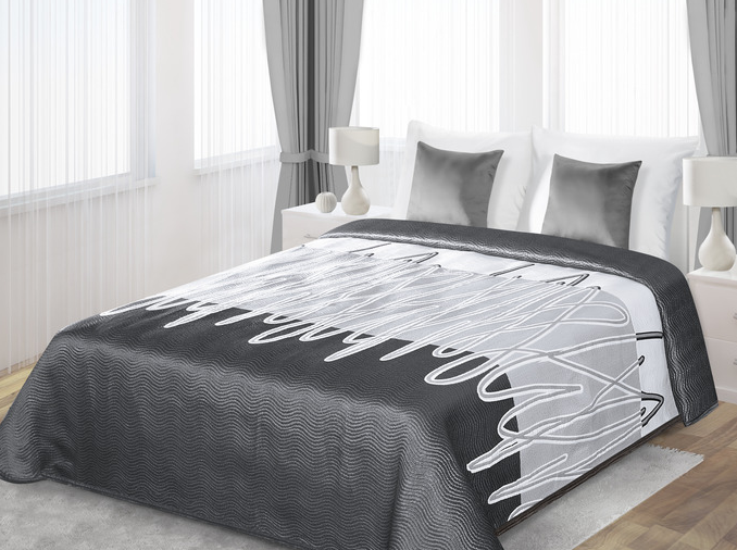 Dwustronna stalowa narzuta na łóżko z białym wzorem