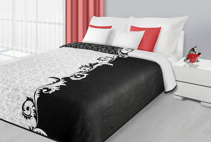 Narzuty i kapy dwustronne białe na łóżko z czarnym wzorem