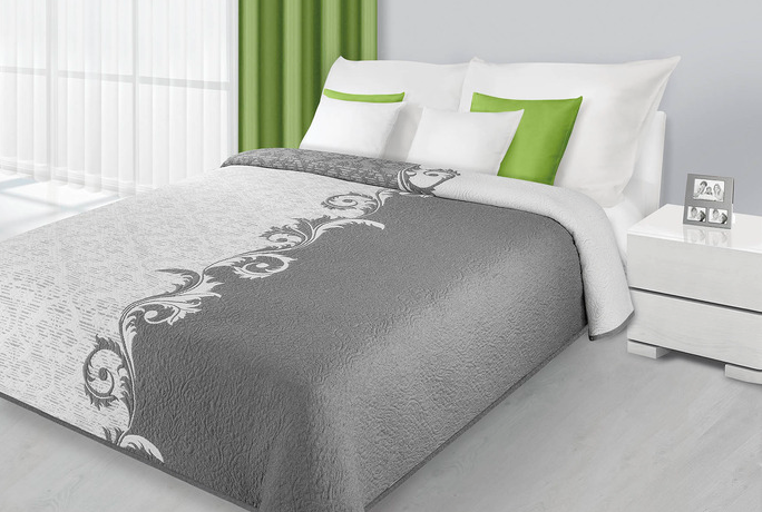 Białe wzory narzuta i kapa dwustronna na łóżko w kolorze szarym