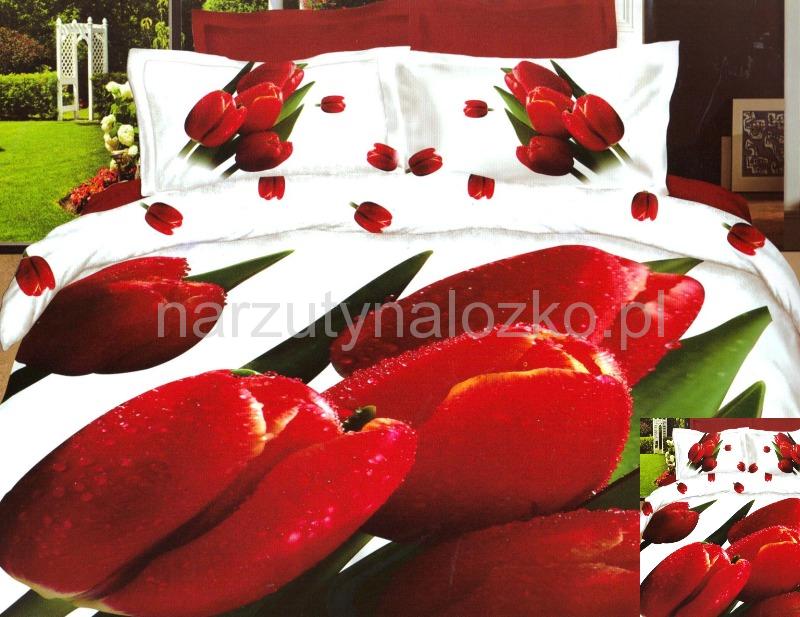 Biała bawełniana pościel na łóżko w czerwone tulipany
