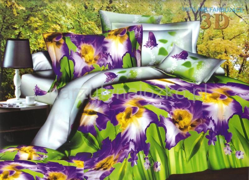 Fioletowe kwiaty pościel na łóżko w kolorze zielonym