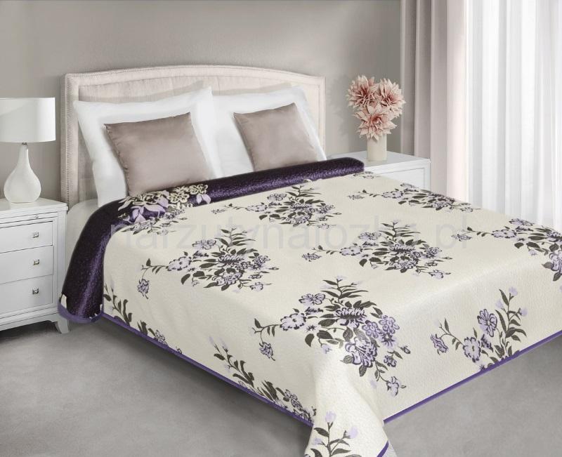 Fioletowe kwiaty narzuta kremowa dwustronna na łóżko