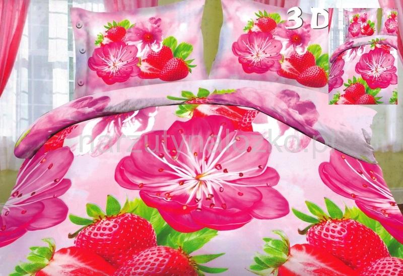Kwiaty i truskawki pościel trójwymiarowa w kolorze różowym