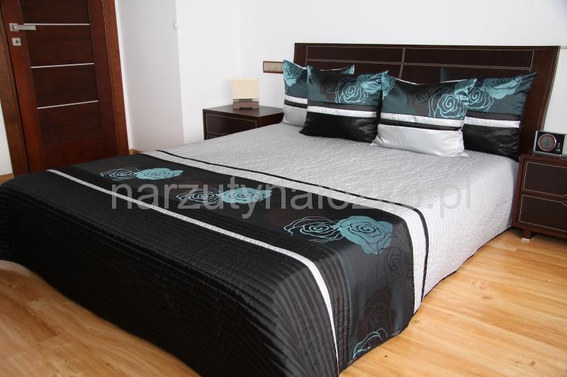Luksusowa czarno szara narzuta na łóżko w turkusowe róże
