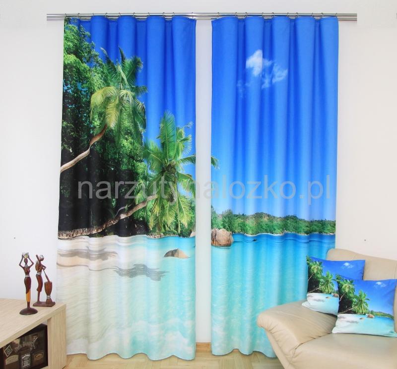 Zasłony 3D dekoracyjne w kolorze niebieskim z morzem i palmami