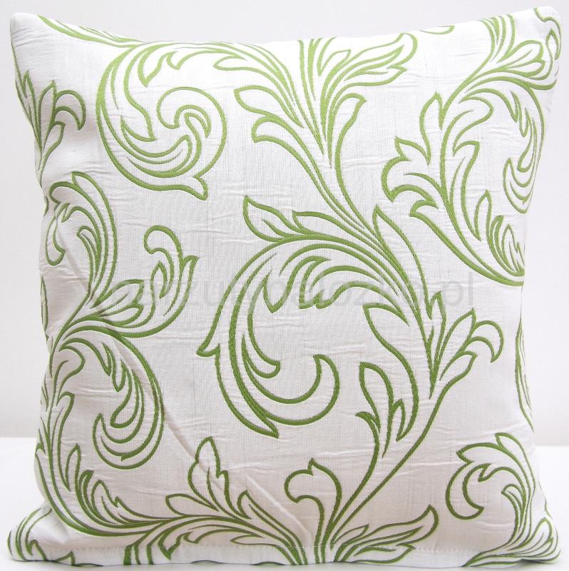 Białe poszewki na poduszki z zielonym wzorem