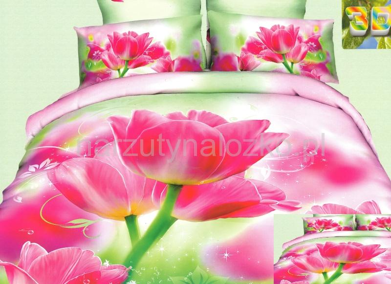 Elegancka zielona pościel z bawełny w różowe tulipany