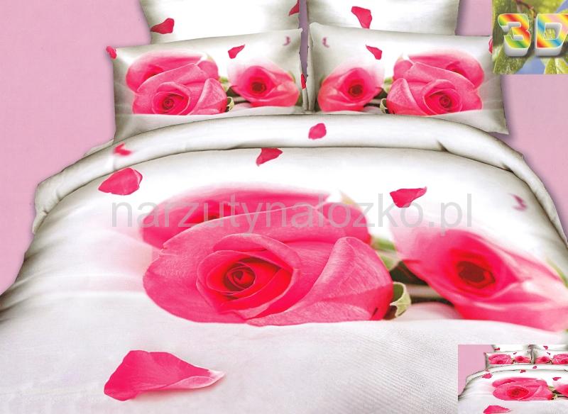 Różowe róże satynowa pościel biała do sypialni