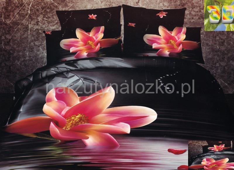 Różowa lilia elegancka czarna pościel do sypialni