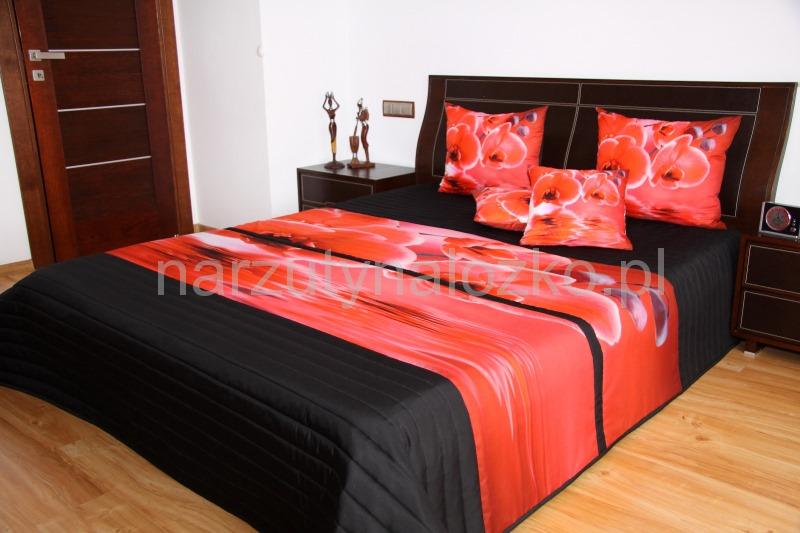 Narzuty na łóżko do sypialni w kolorze czarnym z czerwonymi orchideami