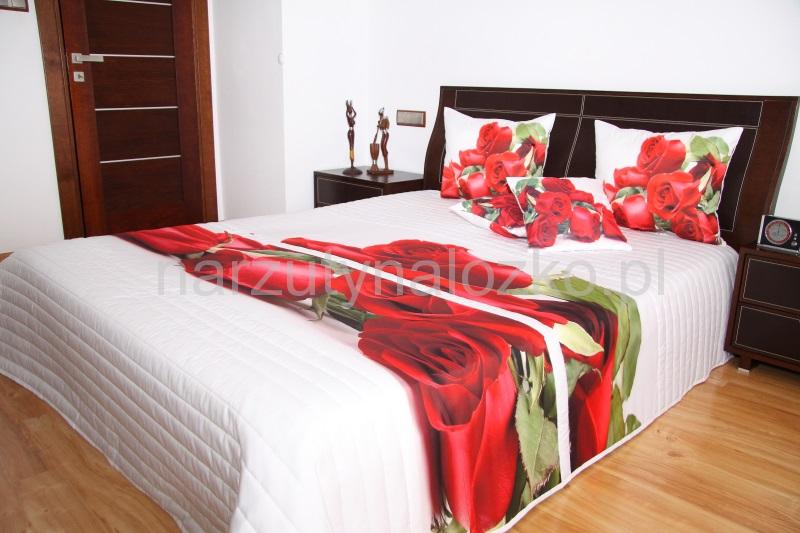 Czerwone róże elegancka 3D narzuta na łóżko w kolorze białym
