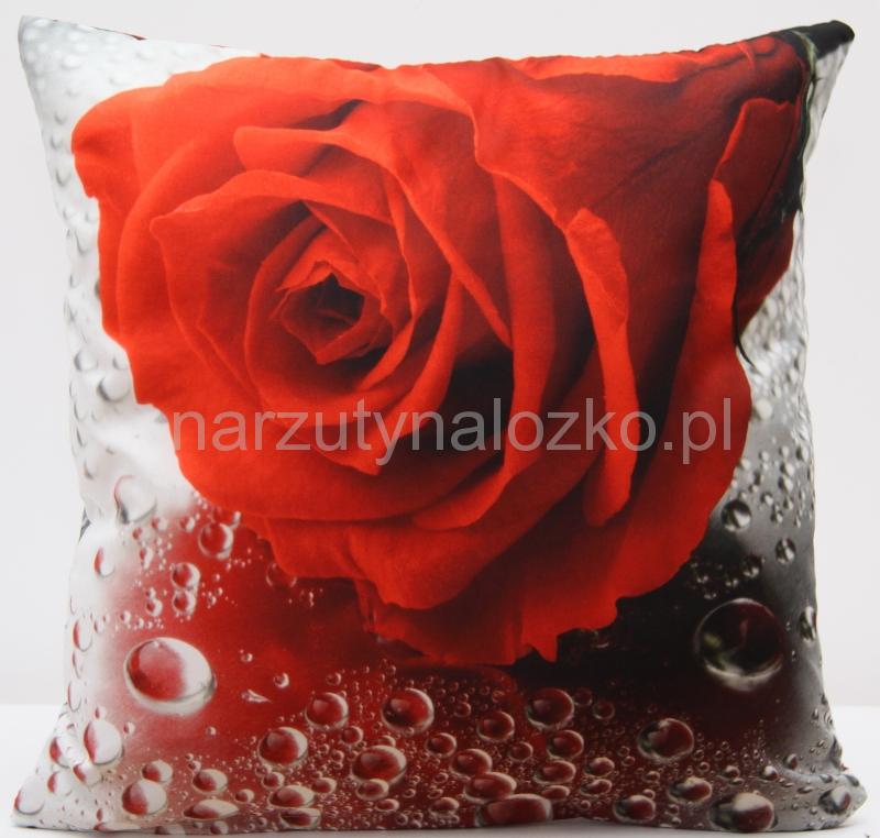 Poszewka na poduszkę w kolorze szarym z kroplami wody i czerwoną różą
