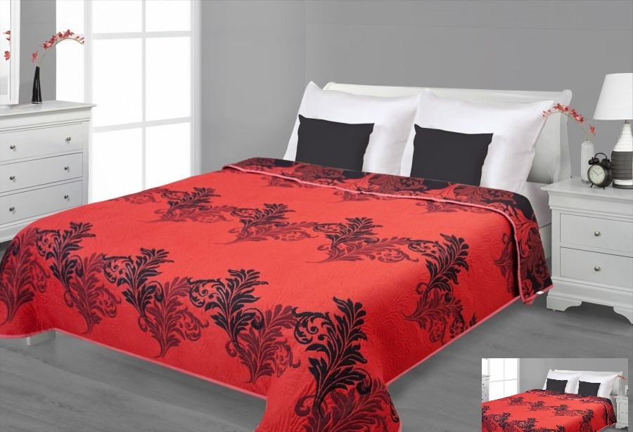 Dwustronne narzuty na łóżko czerwone z czarnym ornamentem