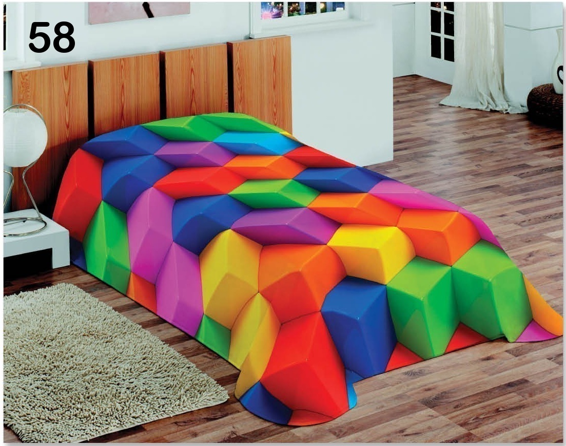 Granatowy koc na pojedyńcze łóżko w kolorowe sześciany
