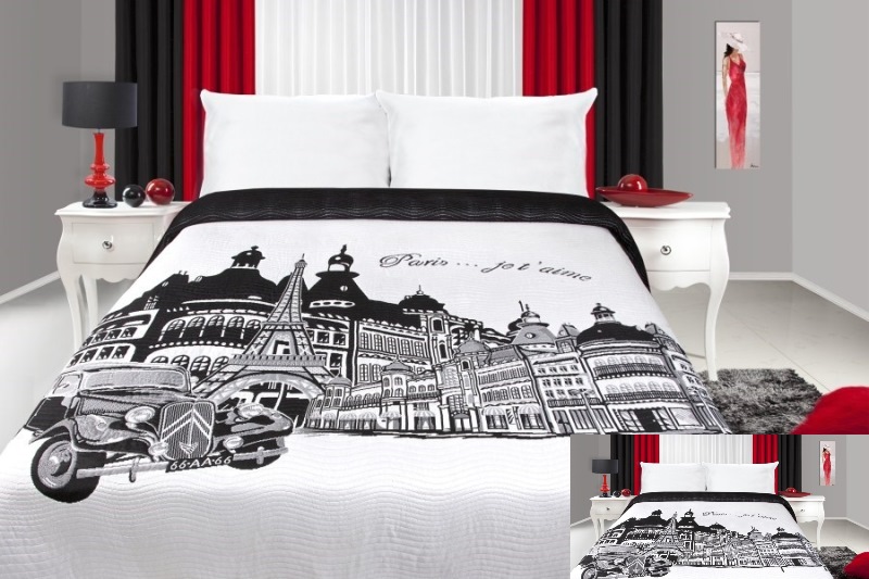 Biała dwustronna narzuta na łóżko z czarnym obrazkiem Paris