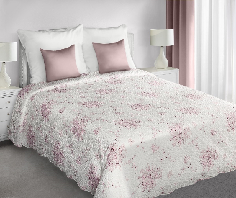 Dwustronna modna narzuta biała na łóżko z motywem kwiatowym