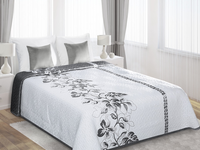 Szare kwiaty narzuta dwustronna na łóżko w kolorze białym