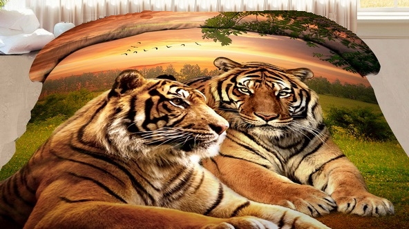3D dwustronna zielona narzuta do sypialni z dwoma tygrysami