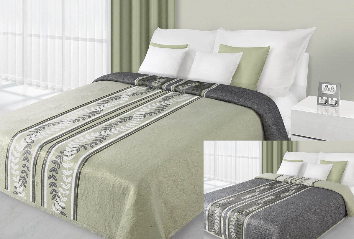 Dwustronne narzuty na łóżko w kolorze zielonym z białym wzorem