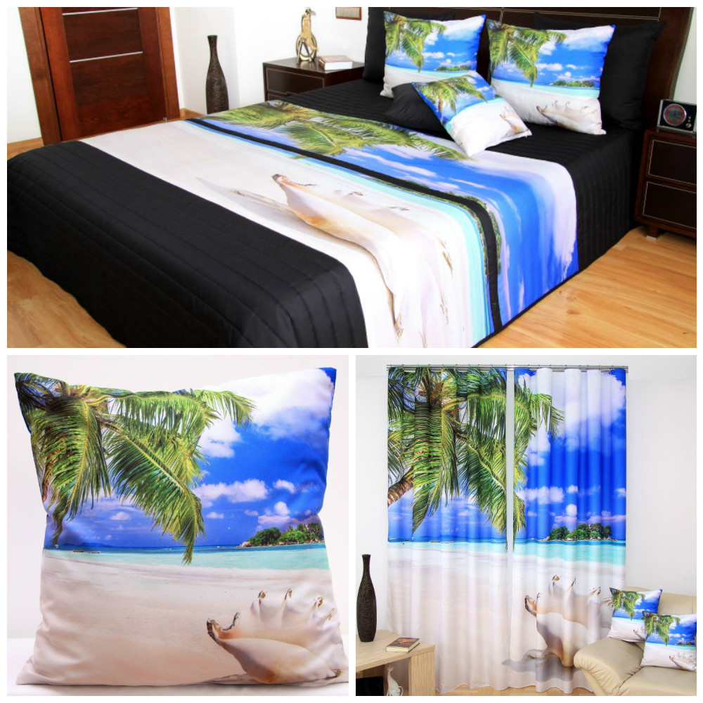 Niebieski komplet do sypialni z morzem palmami i piaskiem