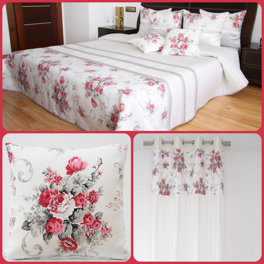 Zestaw dekoracyjny ecru do sypialni w czerwone róże