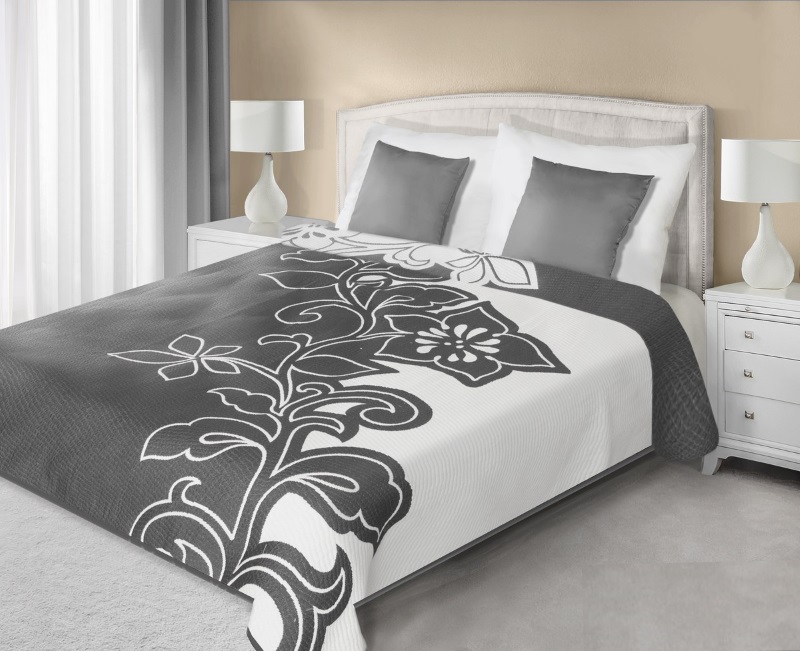 Dwustronne modne szare narzuty na łóżko do sypialni z wzorem kwiatowym