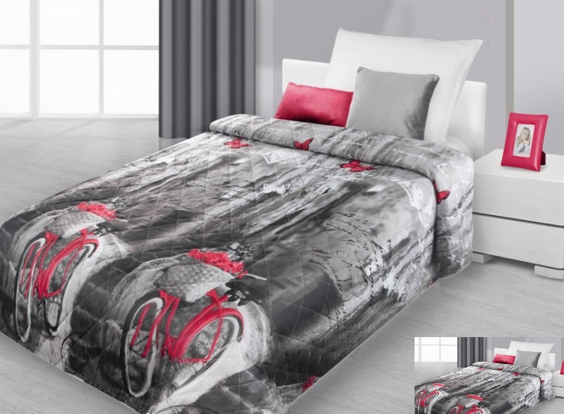 Narzuta młodzieżowa na jedno łóżko szara z czerwonym rowerem