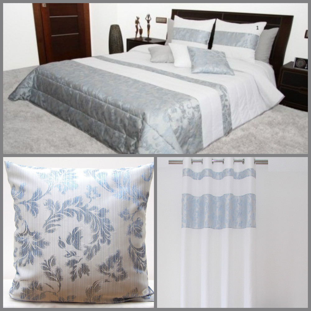 Dekoracyjne komplety sypialniane koloru białego z błękitnym wzorem