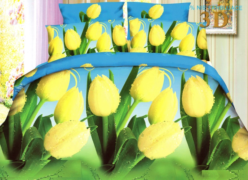 Niebiesko zielona pościel z mikrowłókna w żółte tulipany