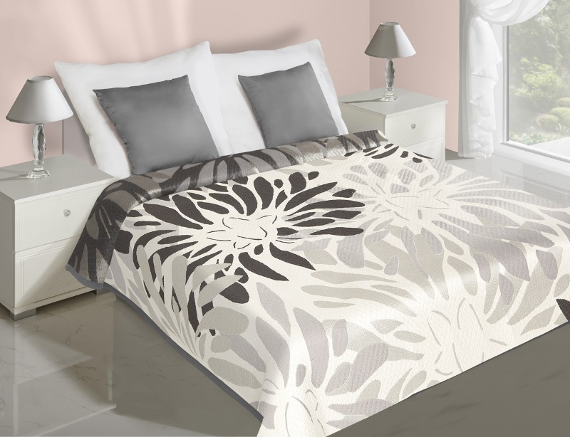 Narzuty dwustronne modne na łóżko w białym kolorze z szarym wzorem