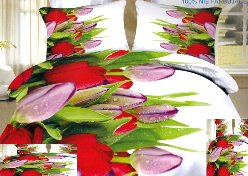 Piękna pościel koloru białego w kolorowe tulipany