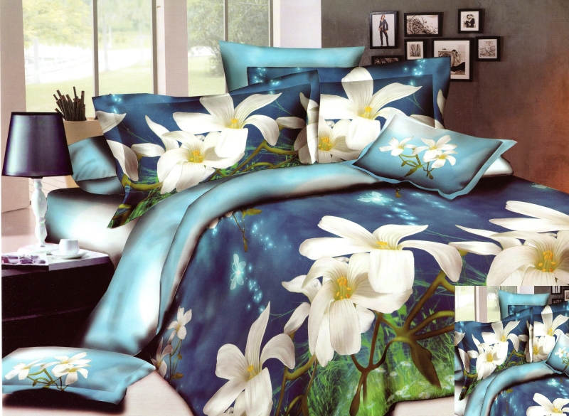 Niebieska pościel trójwymiarowa do sypialni w kwiaty