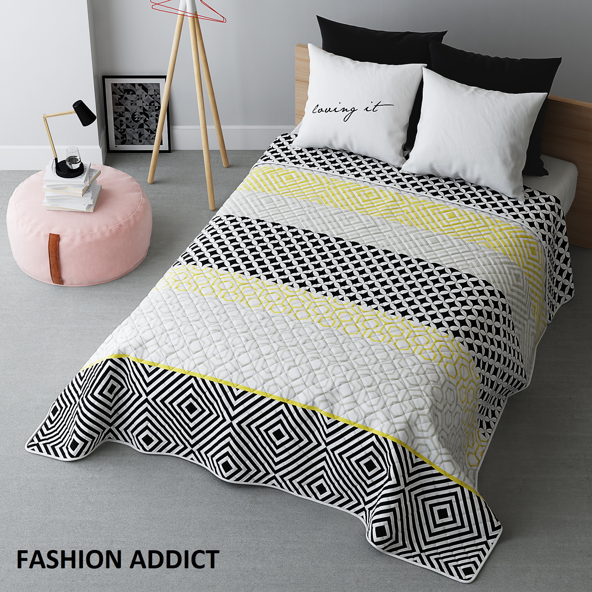 Biała narzuta na łóżko z modnymi wzorami żółto czarnymi